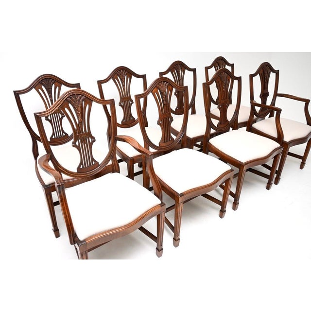 A lovely set of eight antique shield back dining chairs in the Sheraton style. They were made in England, and date from...