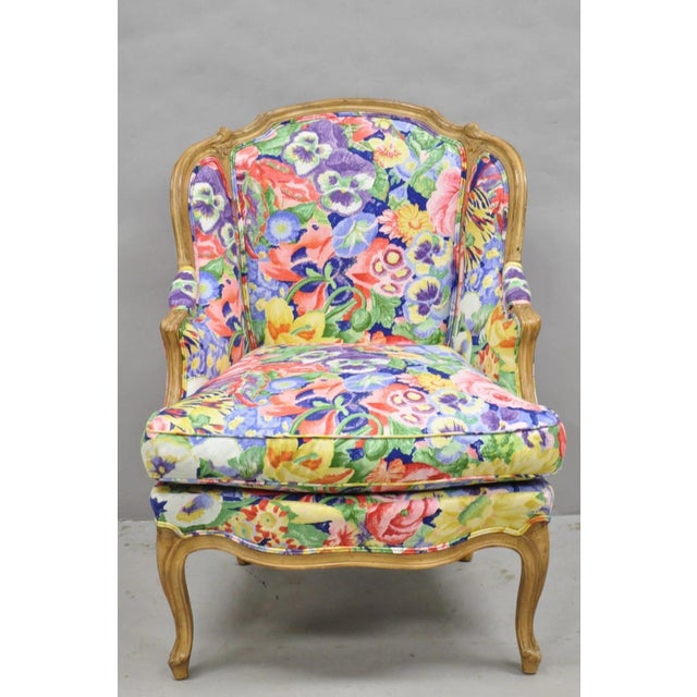 Vintage French Louis XV Style Country Provincial Bergere Lounge Chair with Bright "Watercolor" Floral Chintz Upholstery....