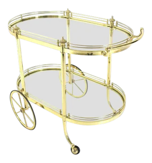 Vintage Mid Century Two-Tier Polished Brass Glass Rolling Serving Bar Cart