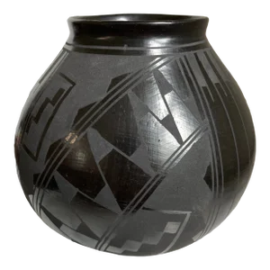 1990s Mata Ortiz Geometric Blackware Vase by David Ortiz