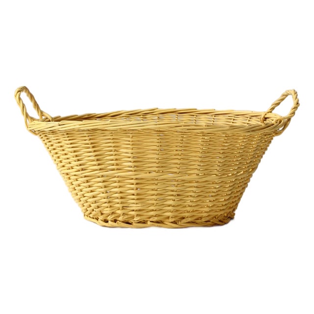 Vintage Painted Yellow Wicker Laundry Basket For Sale
