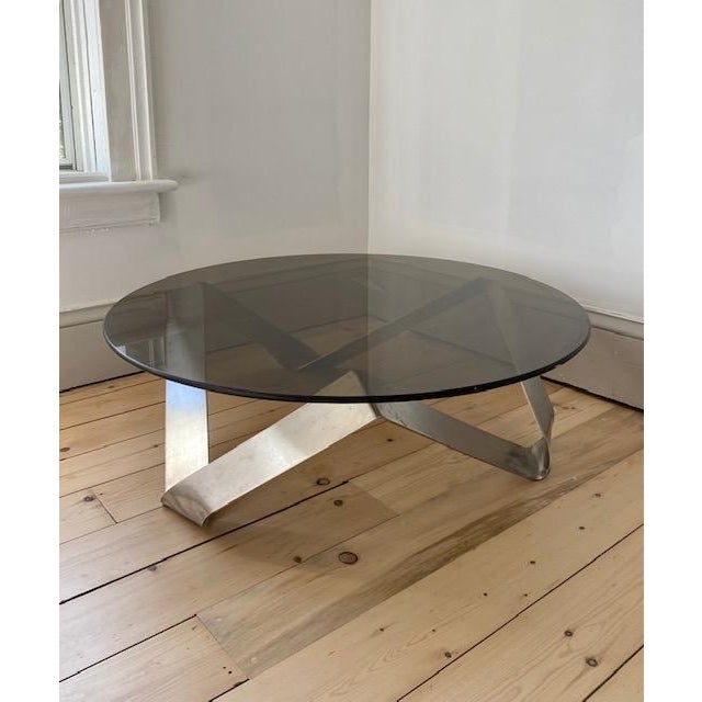 1970s Brutalist Style Smoked Glass and Sculptural Steel Coffee Table For Sale - Image 4 of 5