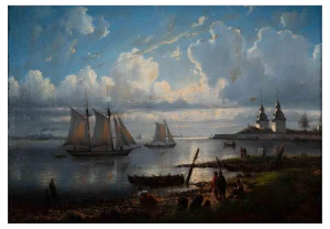 Sunrise Landscape with Boats, Original Oil Painting, 1861, Framed