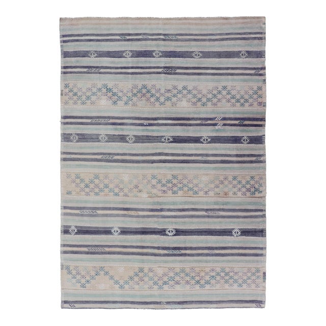 Vintage Turkish Flat-Weave L. Green, Taupe, Butter, Lavender & Ink Blue For Sale