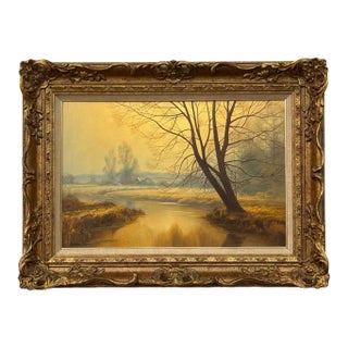 Misty Golden Yellow River Landscape with Winter Trees in the English Countryside Circa 1990 For Sale