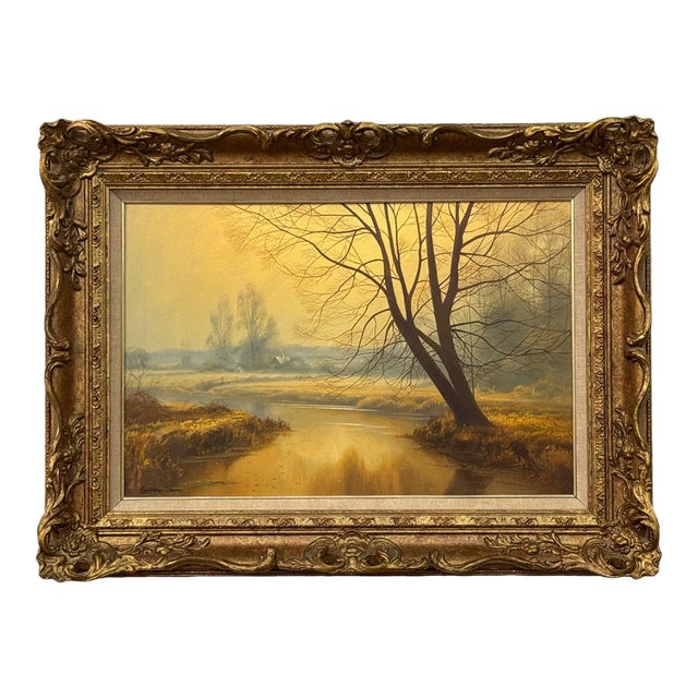 Misty Golden Yellow River Landscape with Winter Trees in the English Countryside Circa 1990 For Sale
