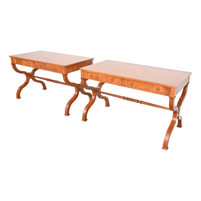 Baker Furniture Regency Burl Wood Writing Desks or Library Tables, Newly Refinished For Sale