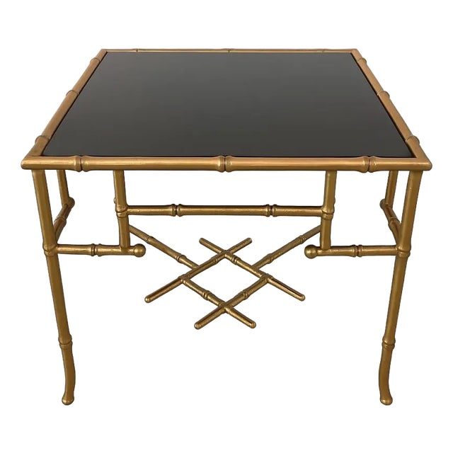 Hollywood Regency Gold Faux Bamboo Side Table For Sale