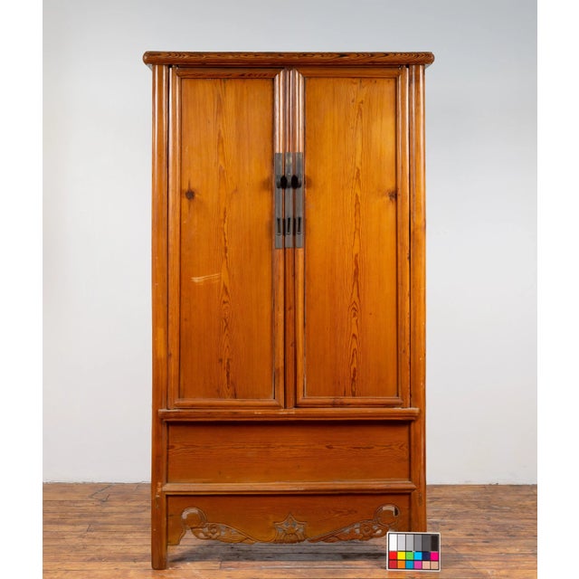 Chinese Ming Style Elm Wardrobe with Two Doors, Hidden Drawers and Carved Skirt For Sale - Image 10 of 13