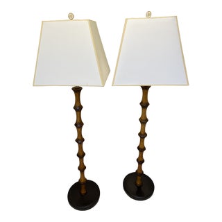 Vintage English Faux Bamboo Floor Lamps W" Shades - a Pair For Sale