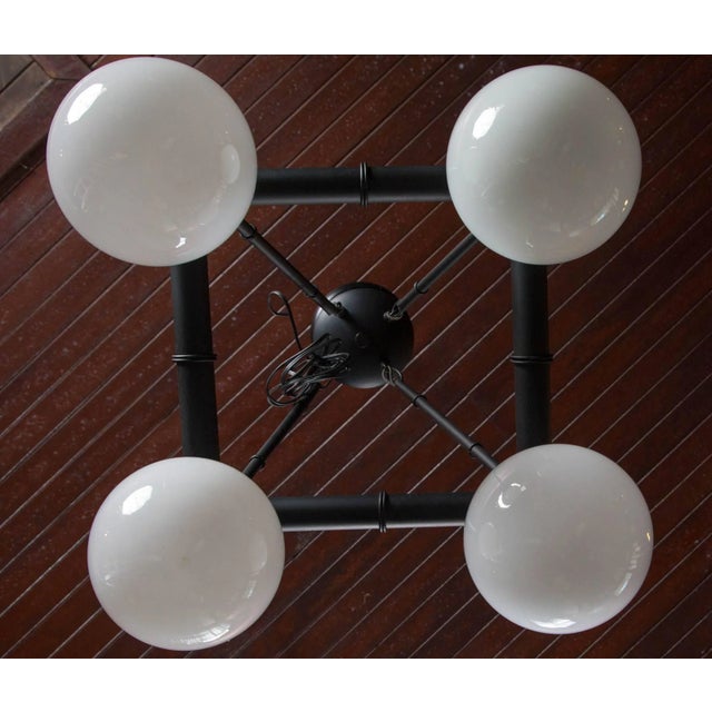 Late 20th Century Four White Globe Black Metal Faux Bamboo Chinoiserie Chandelier For Sale - Image 5 of 6