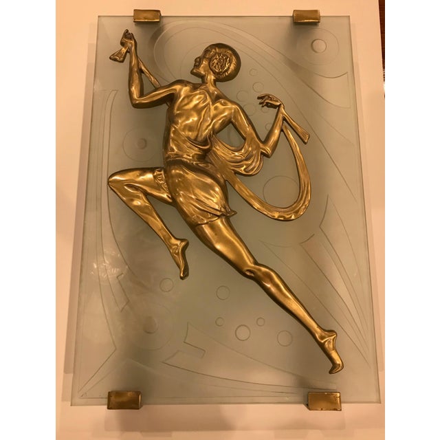 Grand pair of French Art Deco wall sconces. Beautiful brass female dancers on carved deco glass. Beautiful deco details...