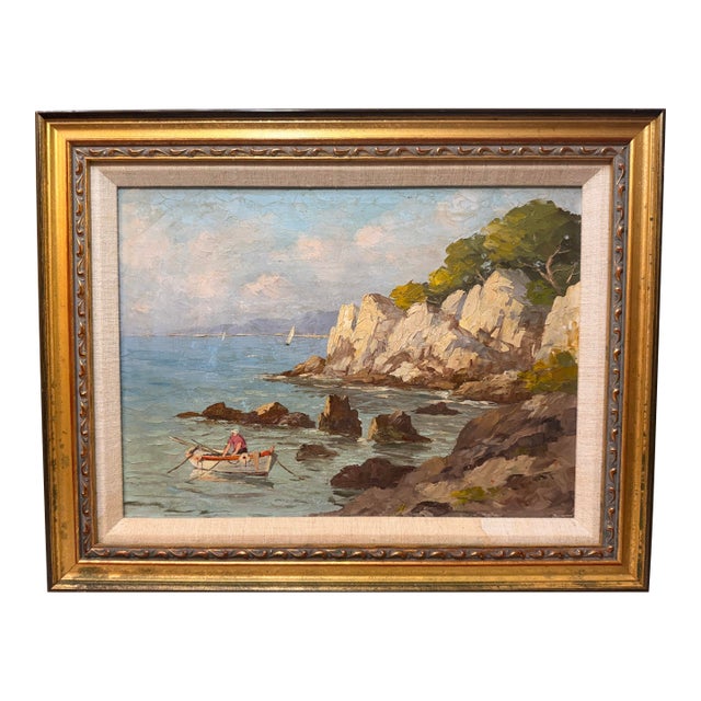 Vintage French Andre Galzenati Impressionism Seascape Nautical Oil Painting Art For Sale