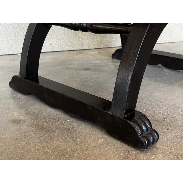 Black 19th Century Pair of Carved Walnut Tooled Leather Savonarola Bench or Settee For Sale - Image 8 of 9