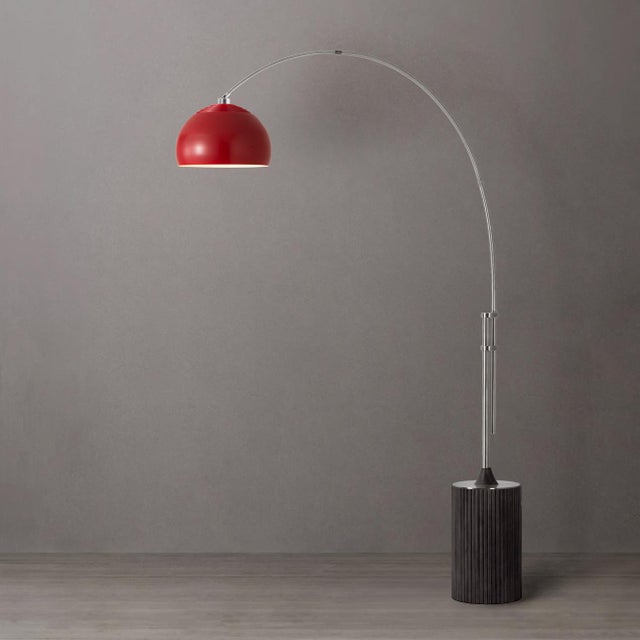 Mid-Century Modern 1980s 92-Inch Nova of California Adjustable Tambo Floor Lamp - Mid Century Modern Arc Lamp, Crimson Red Dome Shade, Oak Base, Dimmable For Sale - Image 3 of 7