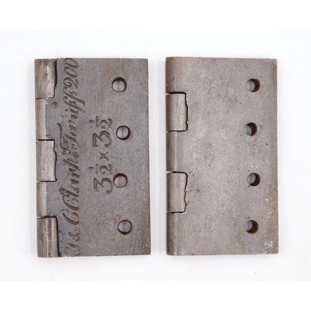Pair of Antique 1850s 3.5 X 3.5 In. T. Clark's Cast Iron Door Hinges For Sale - Image 4 of 5