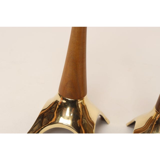 Pair of Sculptural Vintage Austrian Brass and Walnut Candlesticks For Sale - Image 15 of 18