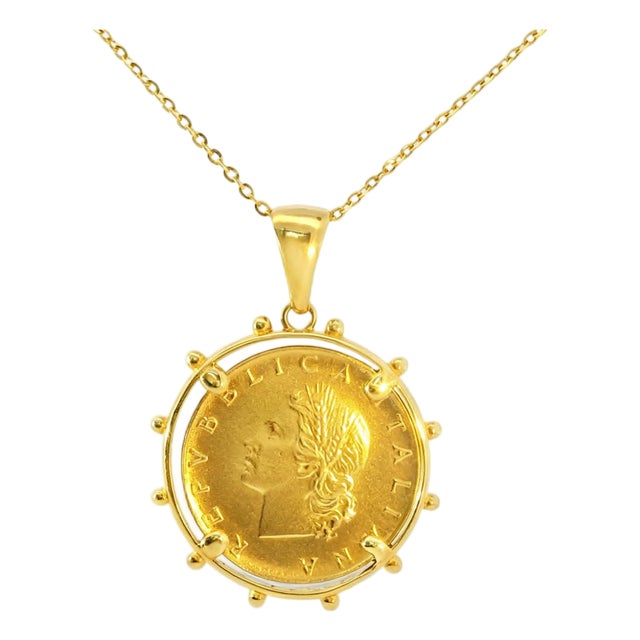 14K Yellow Gold Italian Coin Pendant Necklace For Sale
