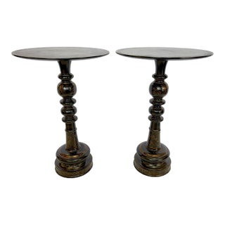 Antique Hollywood Regency Turned Wood Pedestal Tables With Hand Painted Decorations- a Pair For Sale