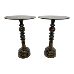 Antique Hollywood Regency Turned Wood Pedestal Tables With Hand Painted Decorations- a Pair