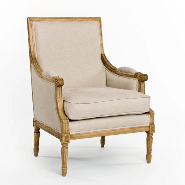 Louis club chair upholstered in natural linen on natural oak frame.
