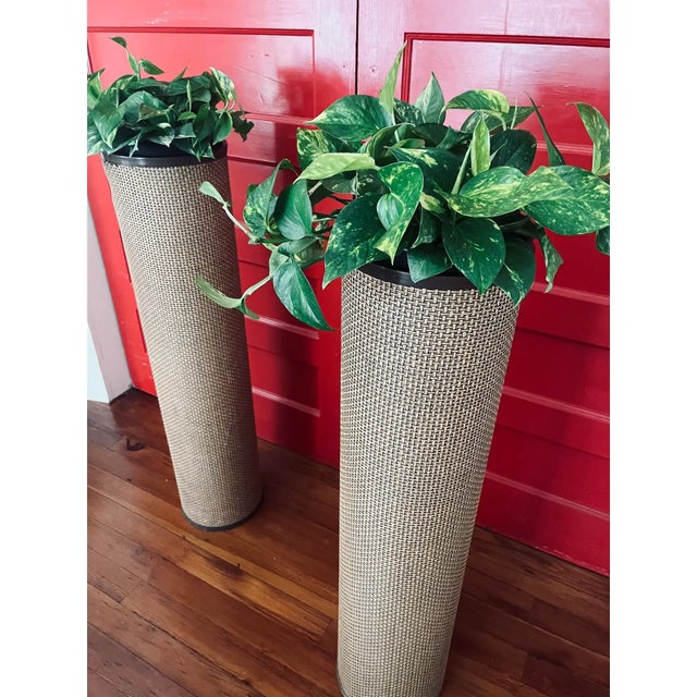 1960s 1960s Mid-Century Modern Cylinder Shaped Woven Planters in Taupe- A Pair For Sale - Image 5 of 9