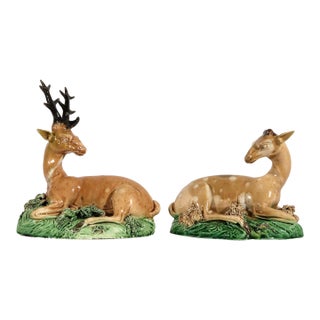 18th Century Ralph Wood-Type Stag and Hind Pearlware Pottery Figures For Sale