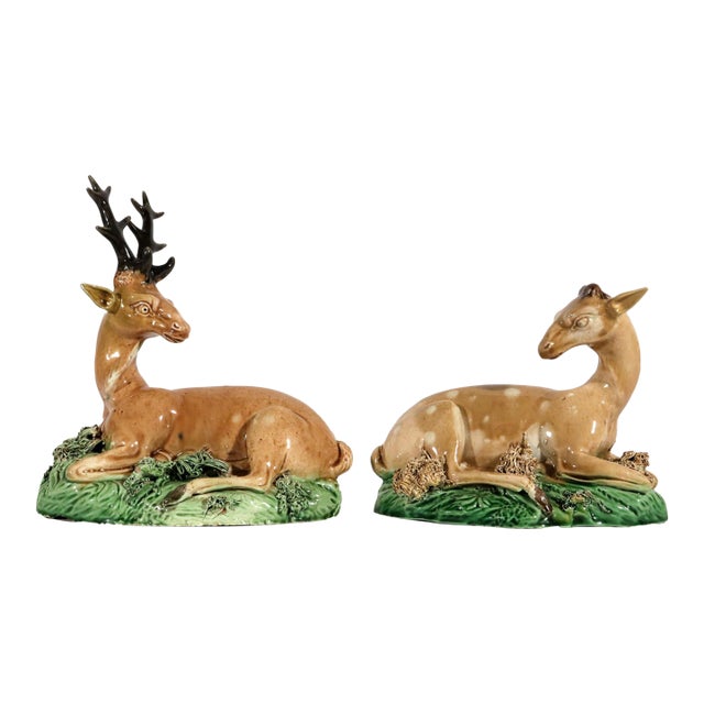 18th Century Ralph Wood-Type Stag and Hind Pearlware Pottery Figures For Sale