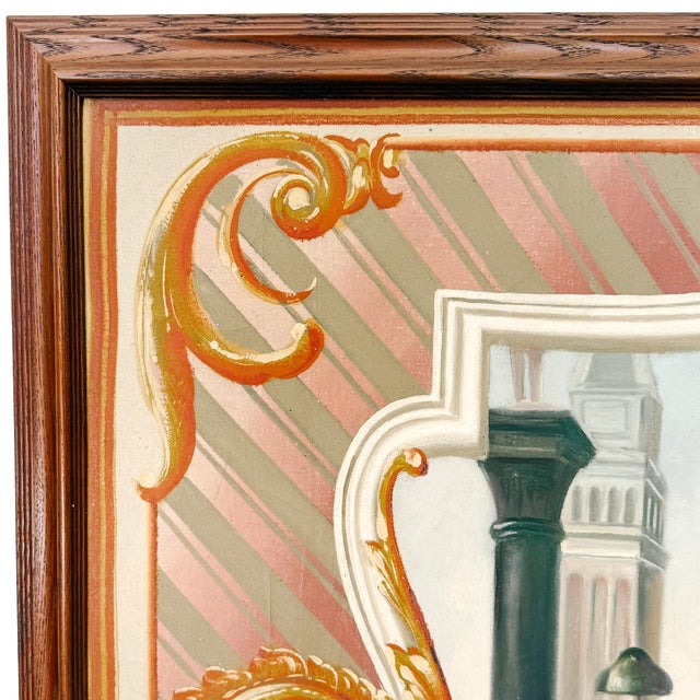Red Late 20th Century Large Scale Framed Venetian Canal Scene Neoclassical Architectural Mural Style Painting on Board For Sale - Image 8 of 10