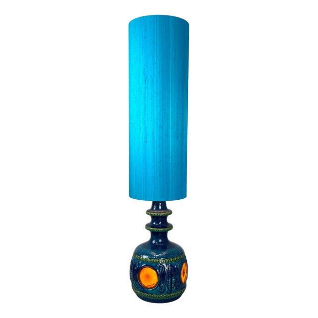 Blue Ceramic Floor Lamp from Bay Keramik with Blue Silk Shade, West Germany, 1960s For Sale