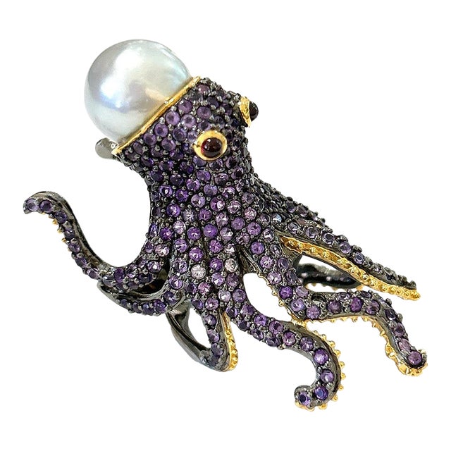 Bochic “Orient” Pink/Purple Amethyst & South Sea Pearl Ring in 18k Gold & Silver Size 6 For Sale