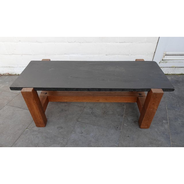 1990s French Brutalist Oak and Slate Coffee Table, 1970s For Sale - Image 5 of 16