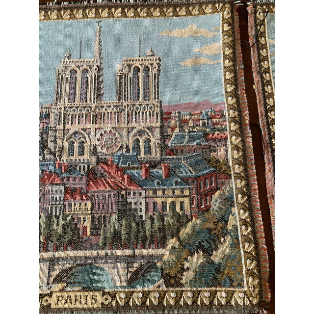 Textile Vintage French Paris Landmark Tapestries, Eiffel Tower & Notre Dame Wall Hangings - Set of 2 For Sale - Image 7 of 11