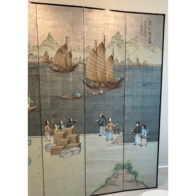 Wood Early 20th Century Traditional Chinese Export Chinoiserie Style Large Six Panel Folding Silverleaf Screen of Harbor For Sale - Image 7 of 18
