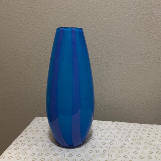 1980s Glass Vase Blue Cylinder Vertical Striped For Sale In New Orleans - Image 6 of 6