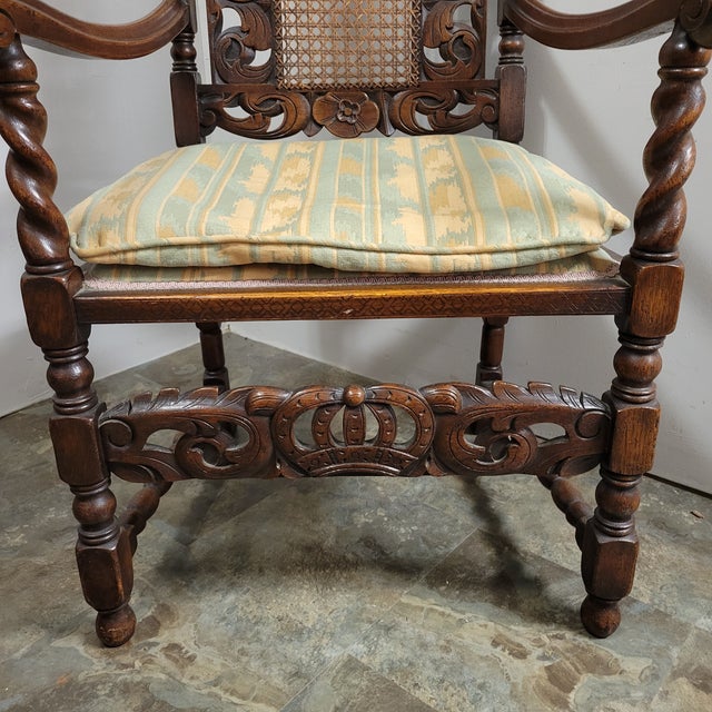 Antique Italian Renaissance Revival Carved Walnut Throne Hall Chair With Putti, Cane Back & Barley Twist Arms For Sale - Image 9 of 15