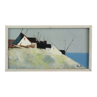 Mid-Century Modern 'Cliffside Houses' Swedish Original Coastal Landscape Oil Painting, Framed For Sale