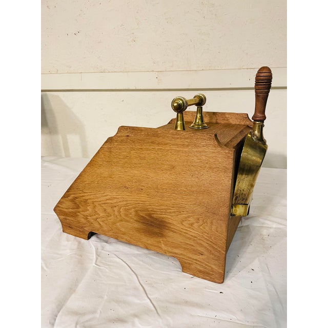 Antique Bleached Walnut Coal Hood With Brass Handles and Brass Scoop For Sale - Image 4 of 9