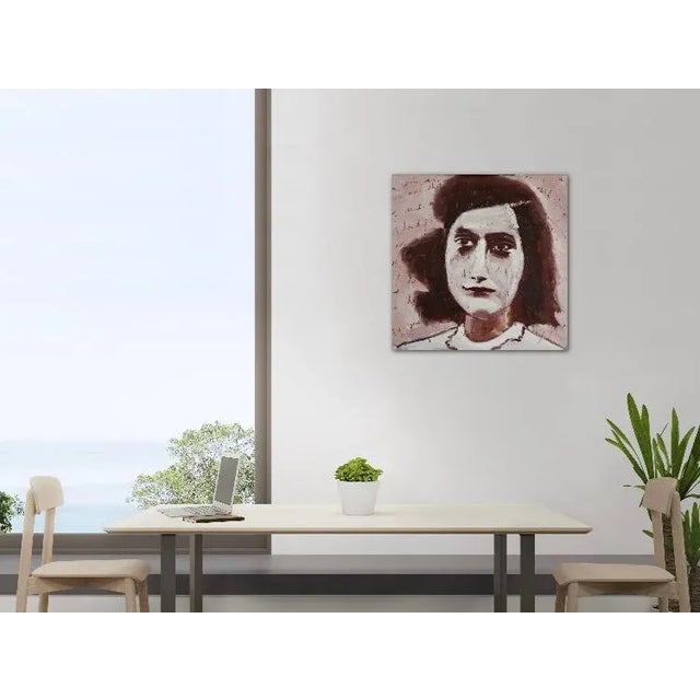 Contemporary Modern Portraiture Anne Frank, Sepia Portrait (24″×24″, Original Oil on Canvas) For Sale - Image 3 of 7