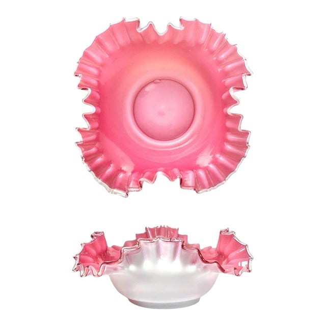 1940s Vintage Fenton “Peach Crest” Pink & Milk Glass Ruffled Crimped Bowl For Sale