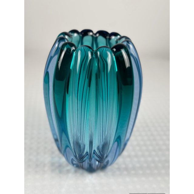 Blue Alfredo Barbini Murano Sommerso Blue Green Ribbed Art Glass Vase For Sale - Image 8 of 9