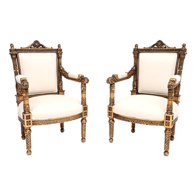 Vintage French Louis Style Carved Gilt Wood Armchairs, 1930, Set of 2 For Sale