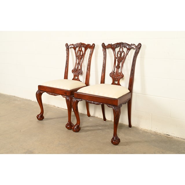 English Baker Furniture Style Chippendale Carved Mahogany Side Chairs or Dining Chairs, Pair For Sale - Image 3 of 14