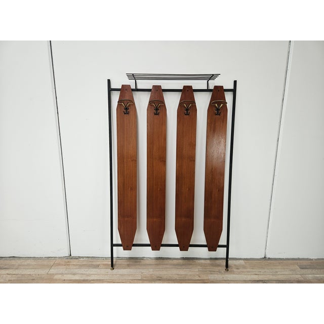 Iron and Teak Wall Coat Rack with Brass Hangers, 1960 For Sale - Image 10 of 10