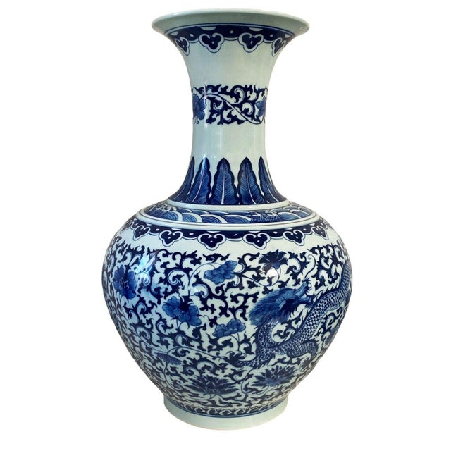 Chinoiserie Vintage Chinoiserie Blue & White Porcelain Onion Shape Vase Dragon and Phoenix 21" H For Sale - Image 3 of 8