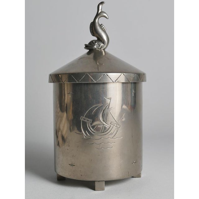 Swedish Pewter Lidded Jar with Sculptural Fish Finial and Ship Engraving, 1928 For Sale - Image 16 of 18