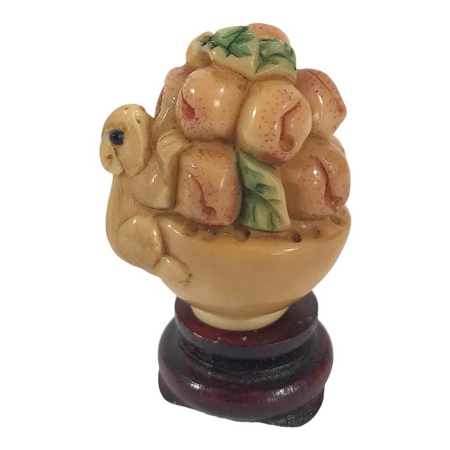 1980's Chinese Netsuke Little Mouse on Basket of Peaches With Petite Wood Stand For Sale