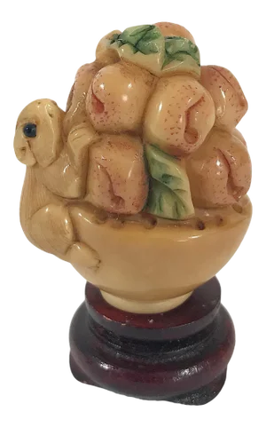 1980's Chinese Netsuke Little Mouse on Basket of Peaches With Petite Wood Stand