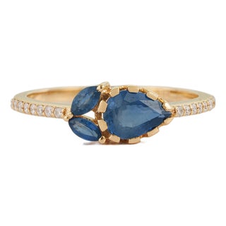 Pear & Marquise Cut Blue Sapphire Diamond 14k Gold Art Deco Ring Size 5 For Sale
