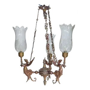 Vintage 1940s Victorian Cut Glass Art Deco Nouveau Mermaid Hanging Chandelier in Brass & Cut Glass